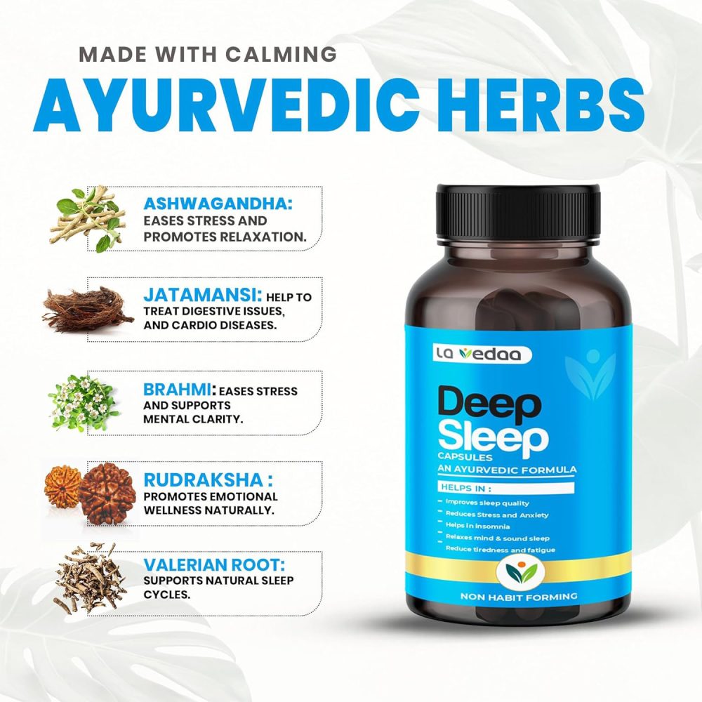 La Vedaa Deep Sleep Capsules | Ayurvedic Herbal Sleep Supplement for Men & Women | Improve Sleep with Ashwagandha, Tagar, Brahmi, Sarpagandha, Rudraksha | Non-Habit Forming 60 Veg Capsules