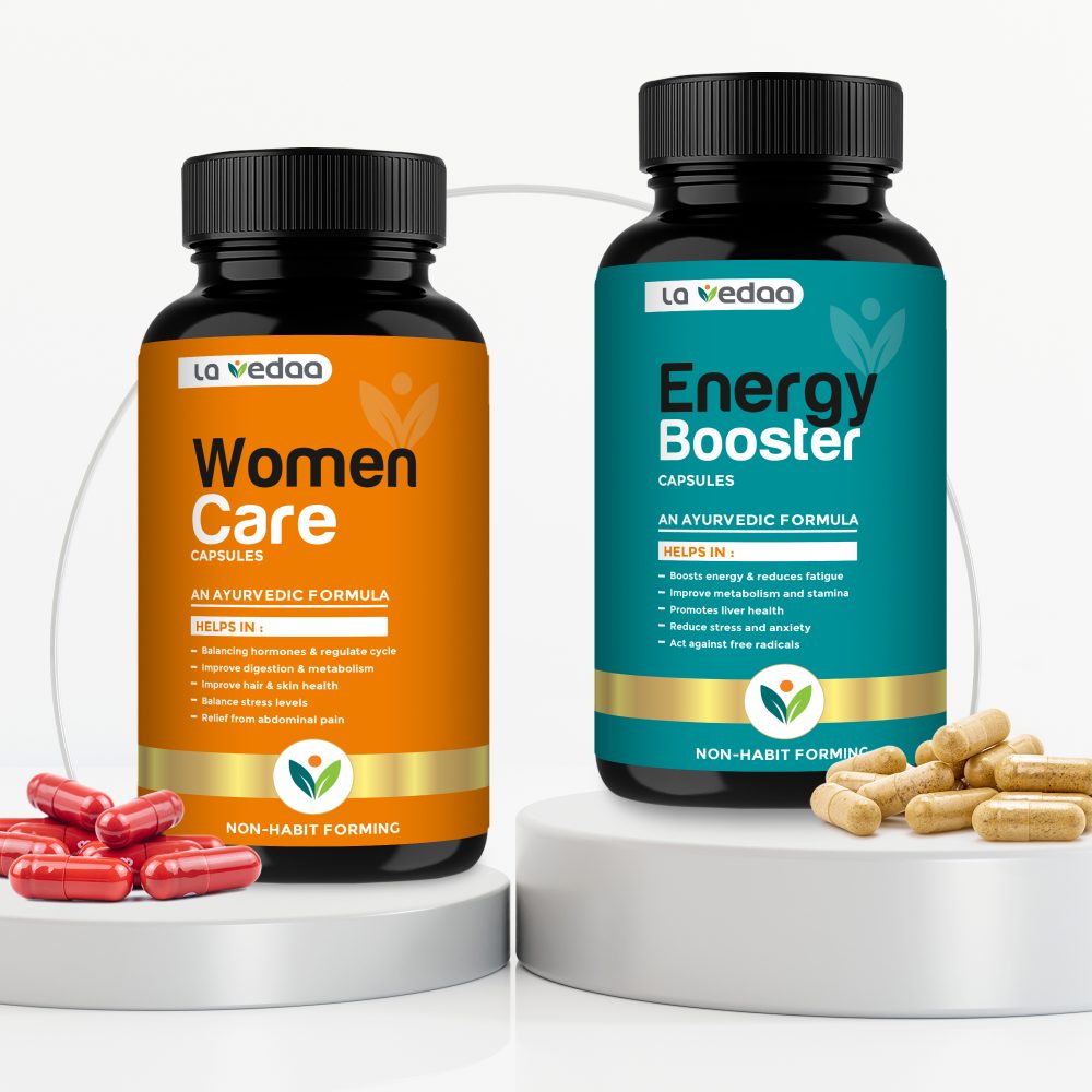 La Vedaa Women Care & Energy Booster Combo Pack | Ayurvedic Multivitamin For Women with 46 Herbs (25 + 21) | Herbal Supplement Supports Hormonal Balance, Boost Energy | 60 Veg Capsules Per Pack