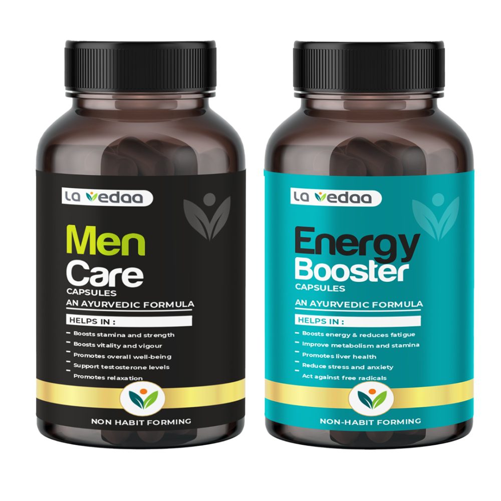 La Vedaa Men Care & Energy Booster Combo Pack | Ayurvedic Multivitamin Supports Stress Relief, Boost Stamina & Immunity | Herbal Supplement for Men with 45 Herbs (24+21) | 60 Capsules Per Pack